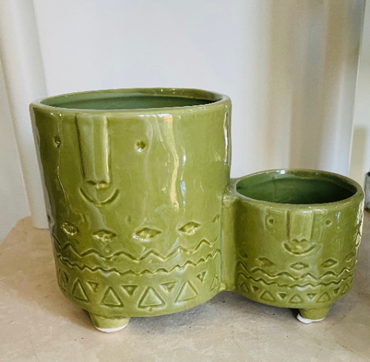 Face Pot Pair, Green Ceramic Cover Plant Pot